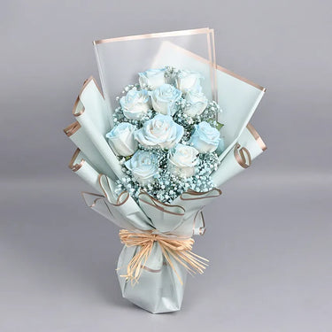 Beauty of Blue and Roses, Bouquet, Elegance, Light Blue Painted Roses, Gypso Filler